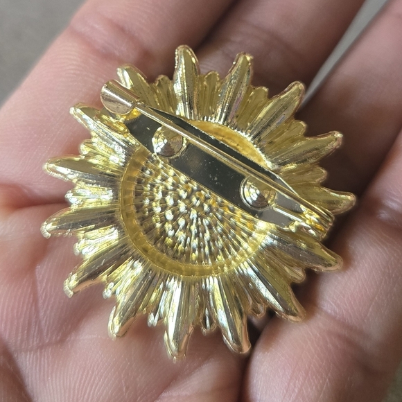 Sunflower Rhinestone Brooch Pin Gold and Black - Picture 4 of 6
